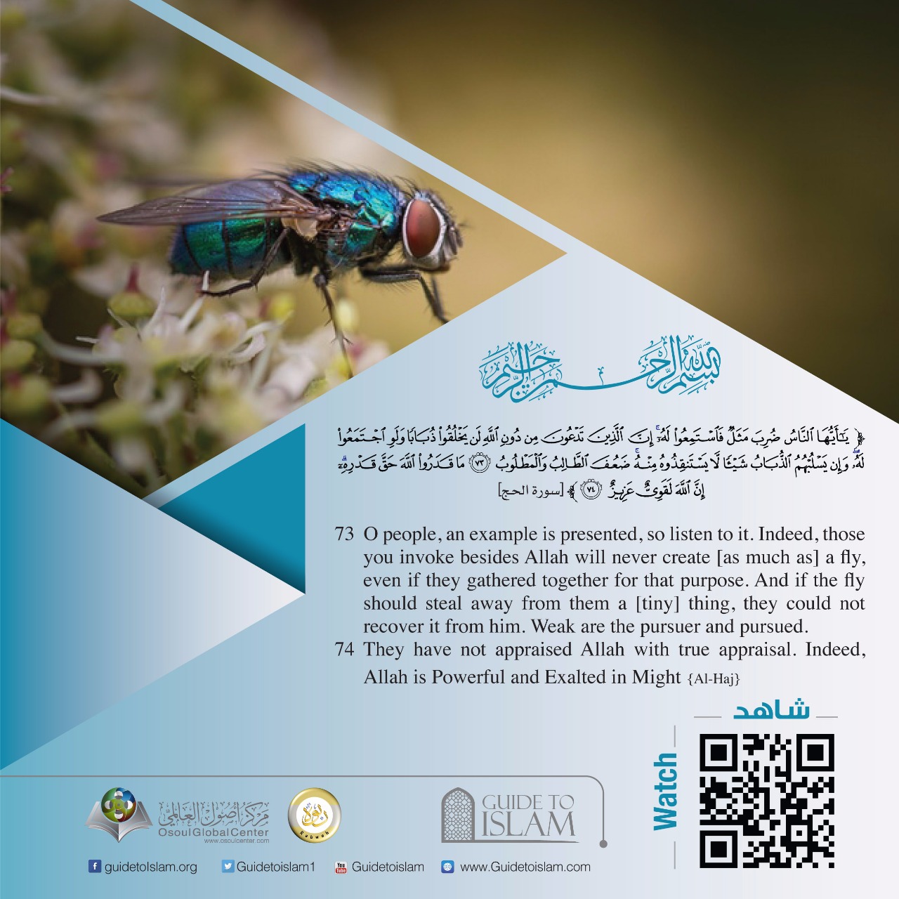 " O people, an example is presented, so listen to it. Indeed, those you invoke besides Allah will never create [as much as] a fly"